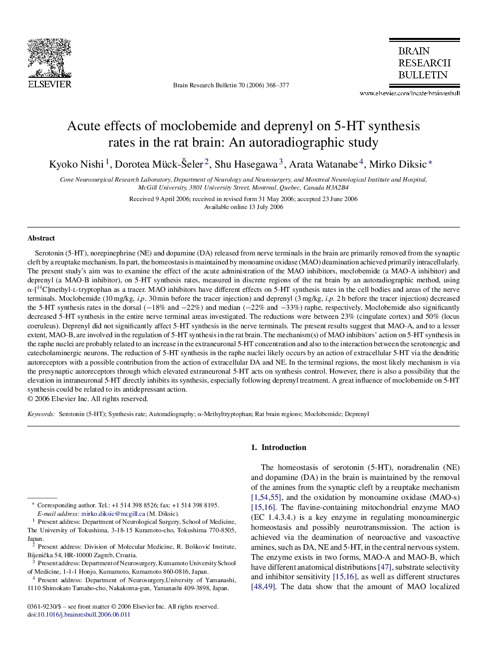 Acute effects of moclobemide and deprenyl on 5-HT synthesis rates in the rat brain: An autoradiographic study