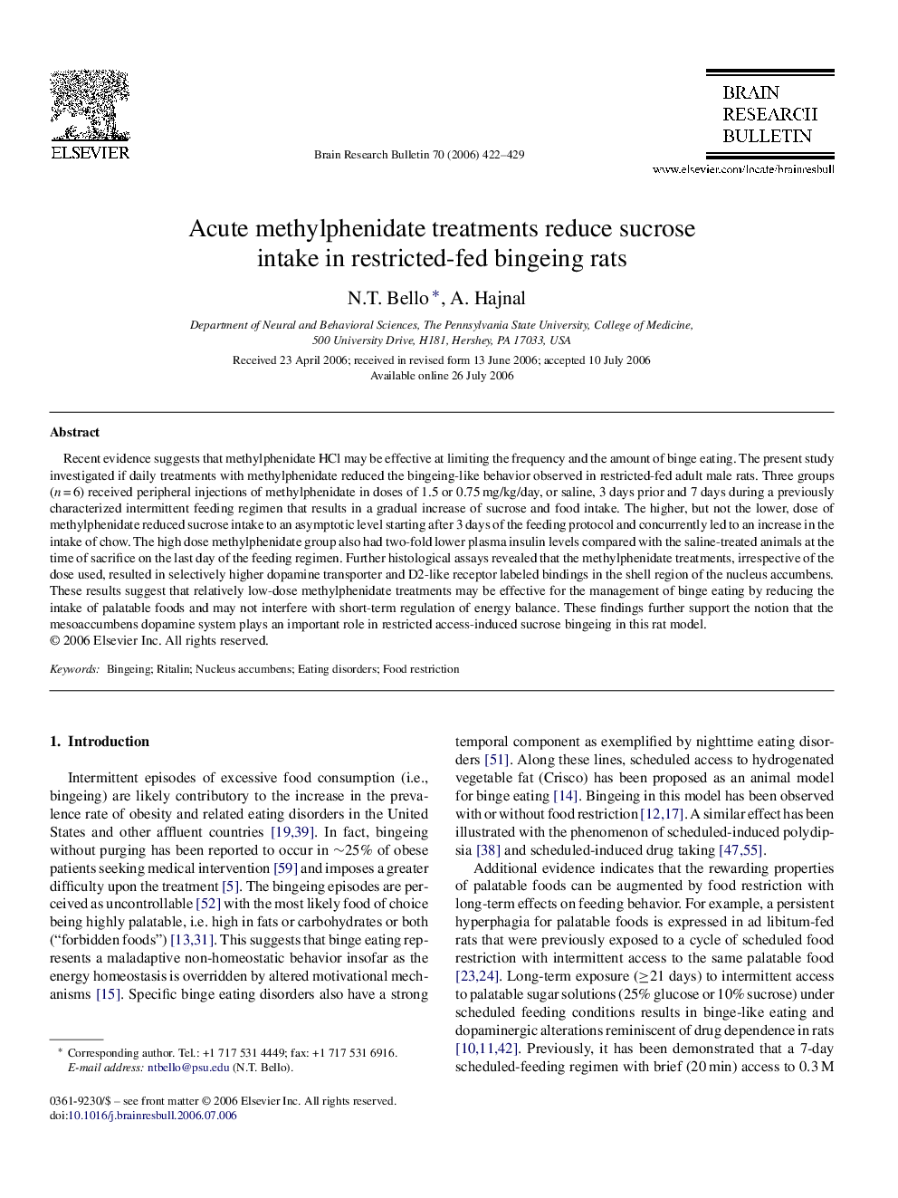 Acute methylphenidate treatments reduce sucrose intake in restricted-fed bingeing rats