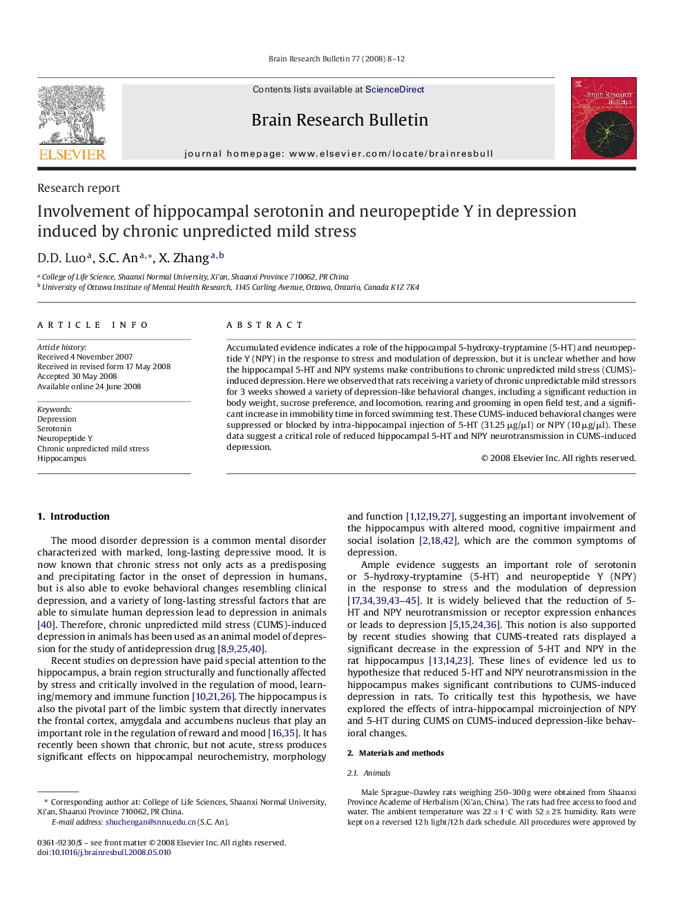 Involvement of hippocampal serotonin and neuropeptide Y in depression induced by chronic unpredicted mild stress