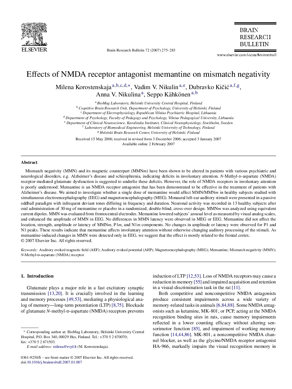 Effects of NMDA receptor antagonist memantine on mismatch negativity