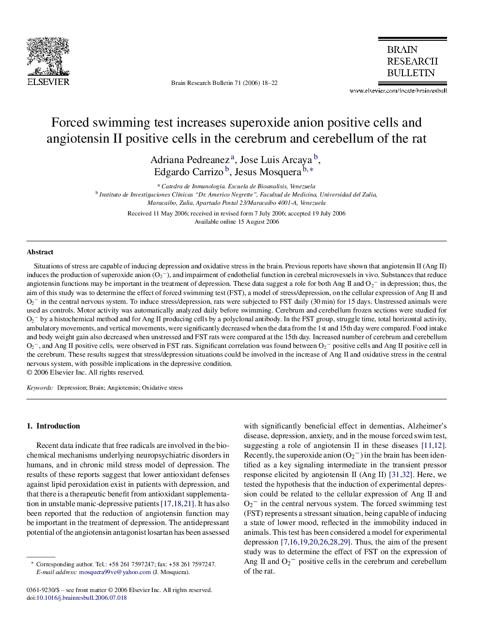 Forced swimming test increases superoxide anion positive cells and angiotensin II positive cells in the cerebrum and cerebellum of the rat