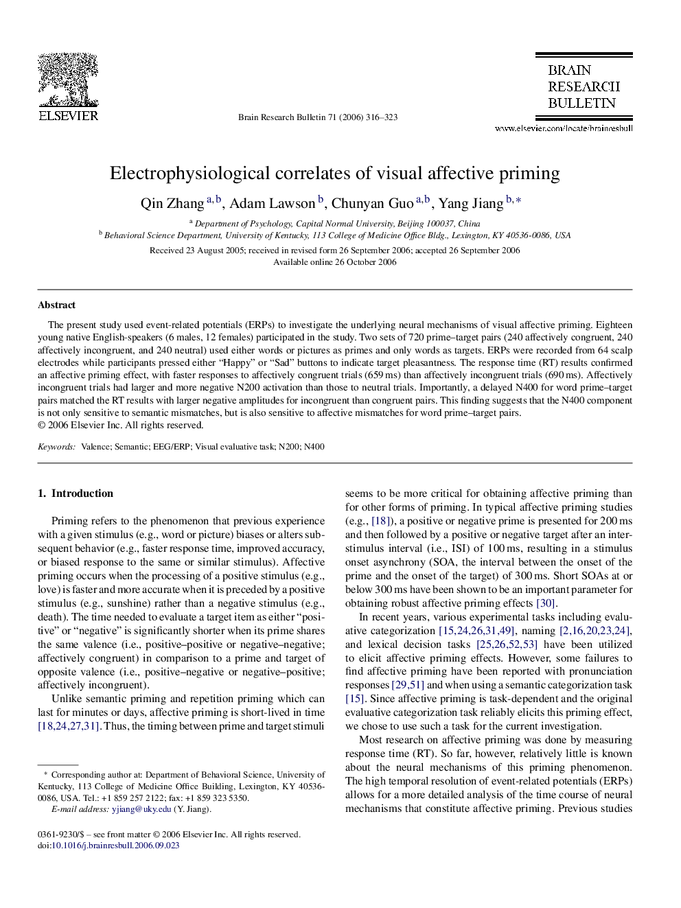 Electrophysiological correlates of visual affective priming