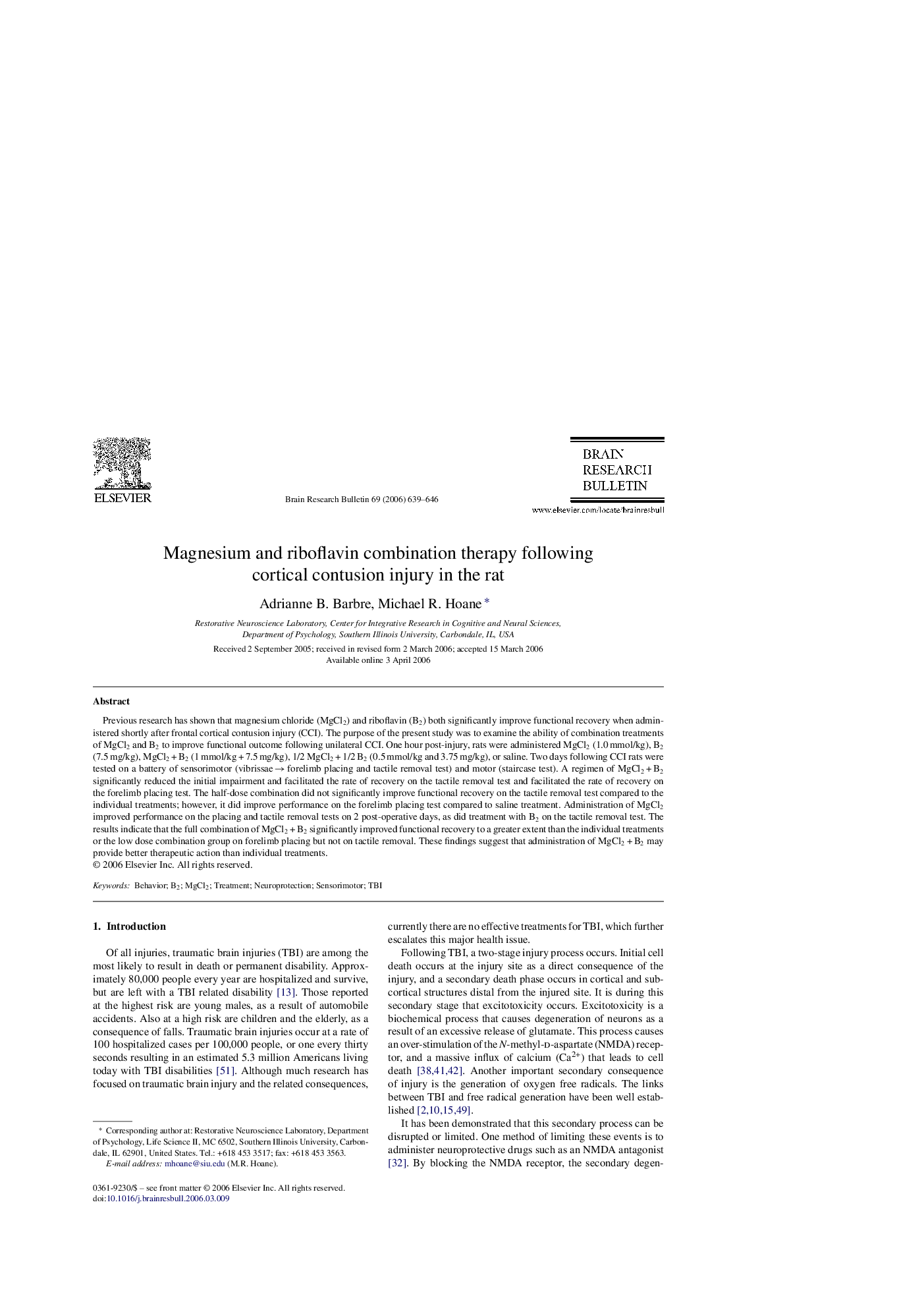 عکس صفحه اول مقاله: Magnesium and riboflavin combination therapy following cortical contusion injury in the rat Magnesium and riboflavin combination therapy following cortical contusion injury in the rat
