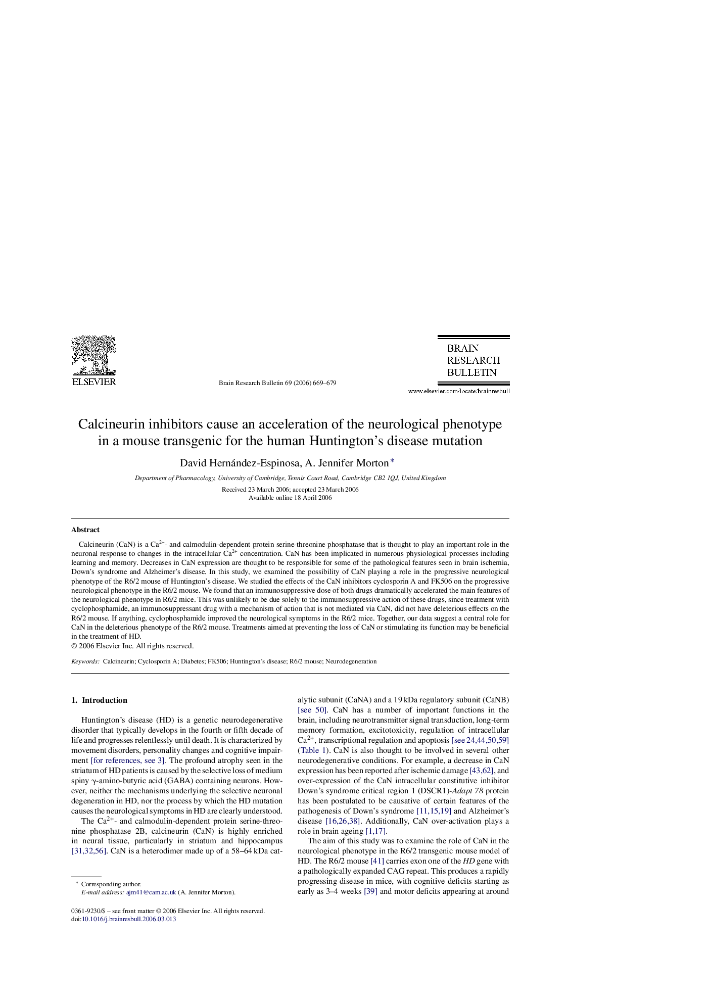 Calcineurin inhibitors cause an acceleration of the neurological phenotype in a mouse transgenic for the human Huntington's disease mutation