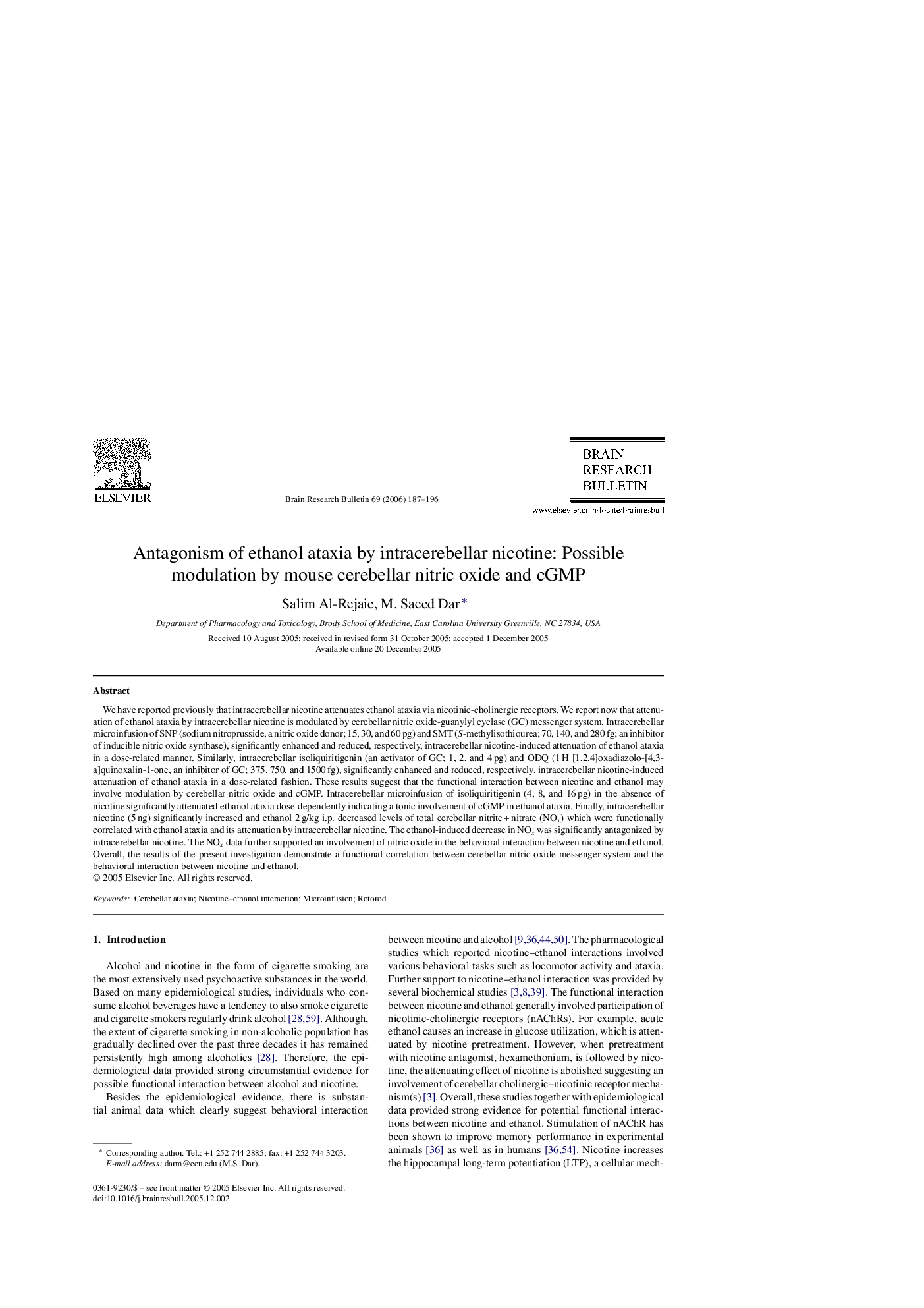 Antagonism of ethanol ataxia by intracerebellar nicotine: Possible modulation by mouse cerebellar nitric oxide and cGMP