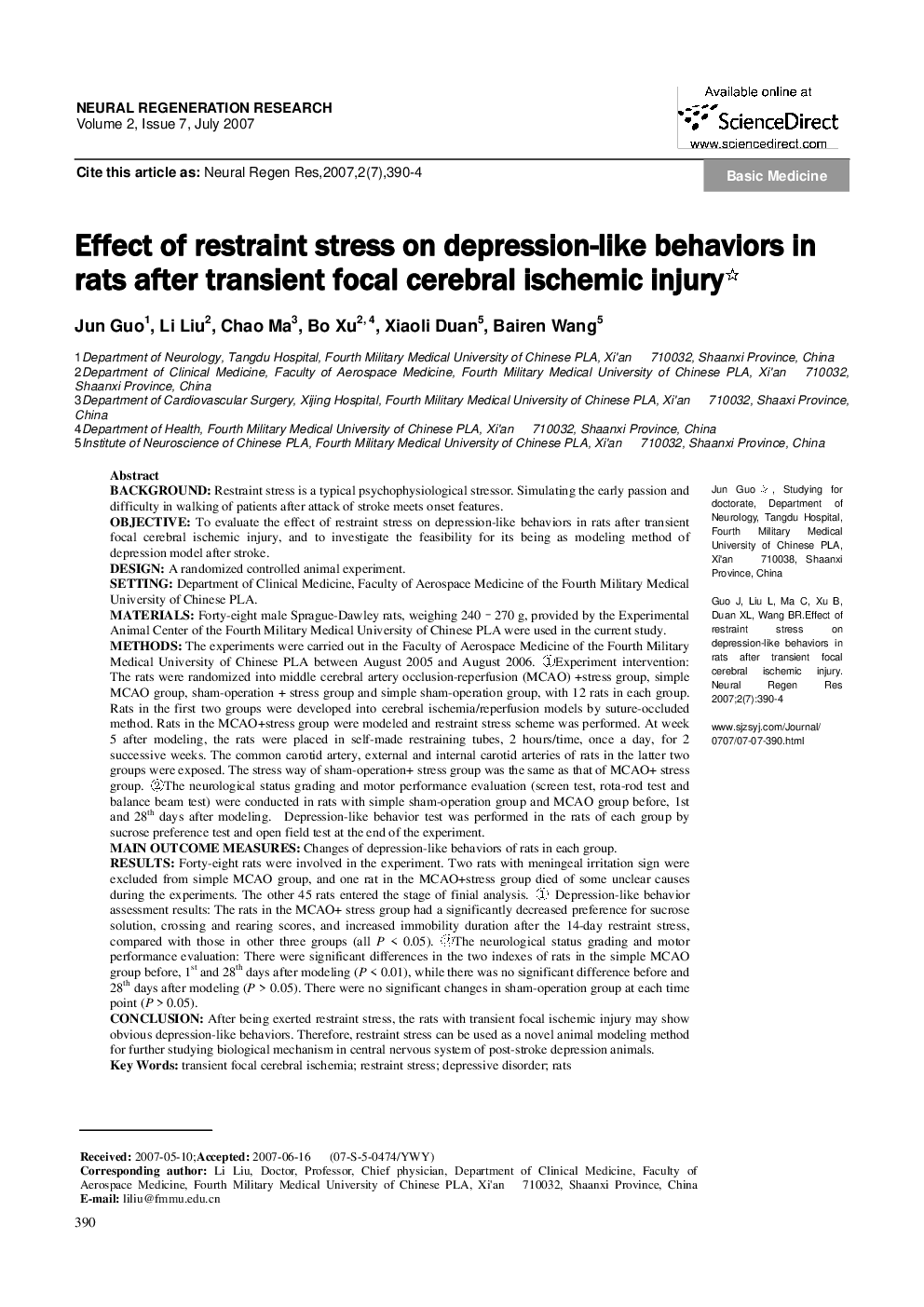 Effect of restraint stress on depression-like behaviors in rats after transient focal cerebral ischemic injury
