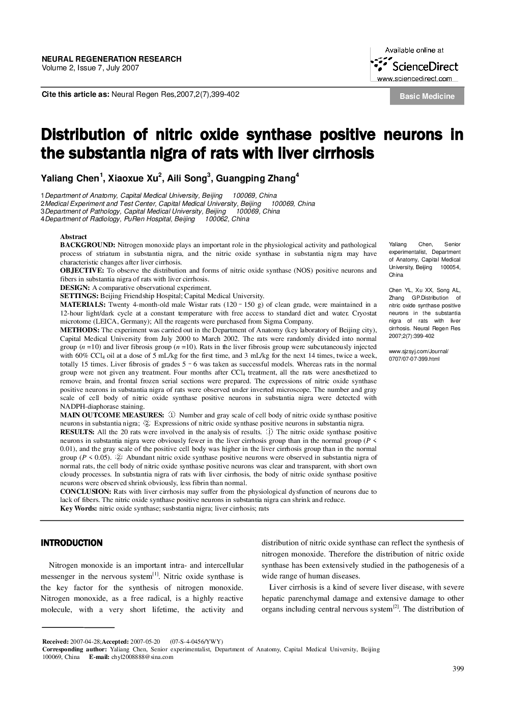 Distribution of nitric oxide synthase positive neurons in the substantia nigra of rats with liver cirrhosis
