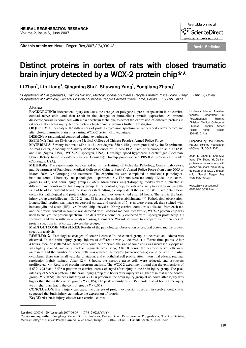 Distinct proteins in cortex of rats with closed traumatic brain injury detected by a WCX-2 protein chip