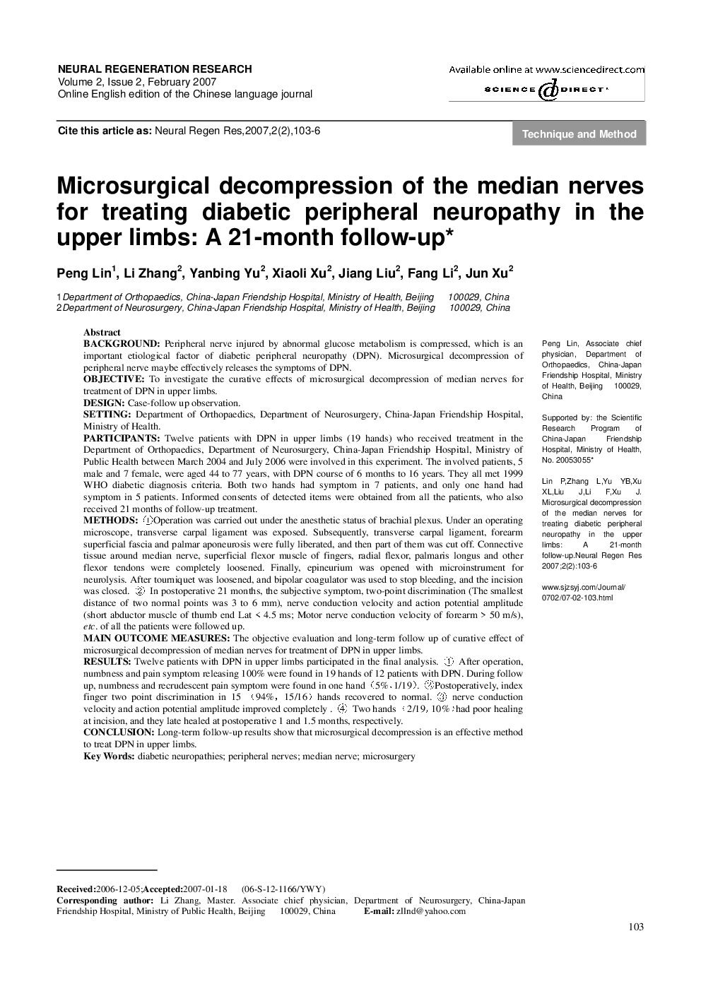 Microsurgical decompression of the median nerves for treating diabetic peripheral neuropathy in the upper limbs: A 21-month follow-up*