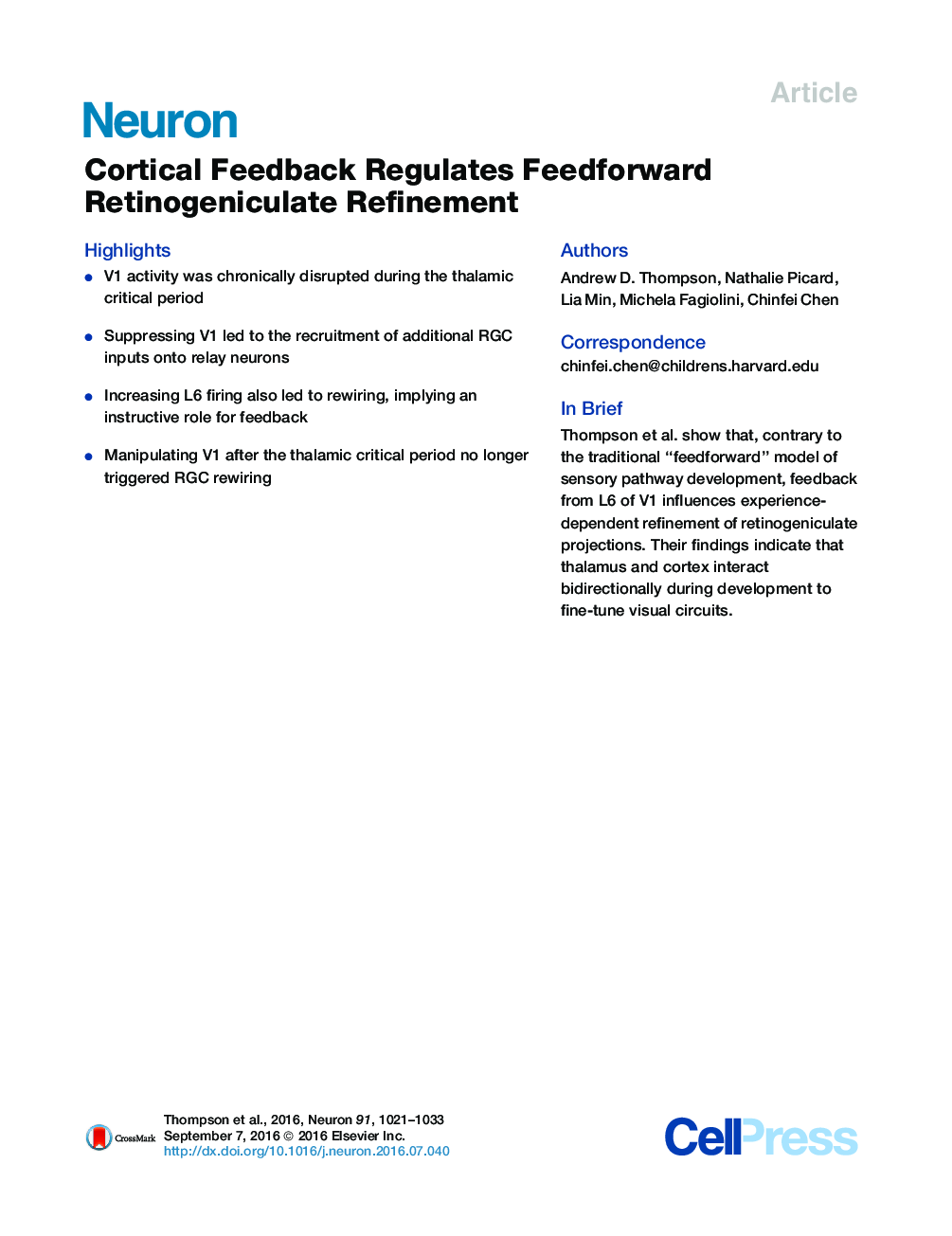 Cortical Feedback Regulates Feedforward Retinogeniculate Refinement
