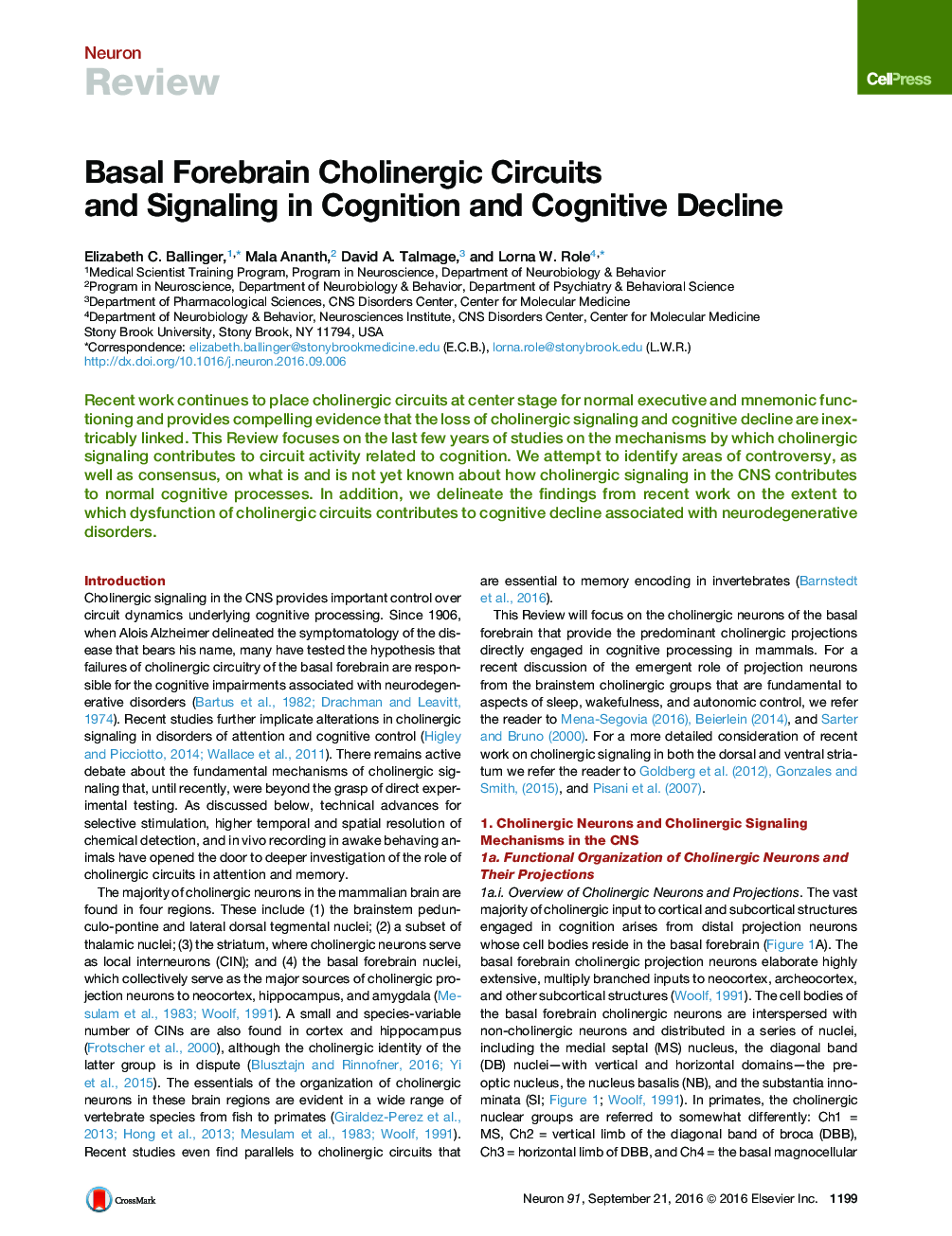 Basal Forebrain Cholinergic Circuits and Signaling in Cognition and Cognitive Decline