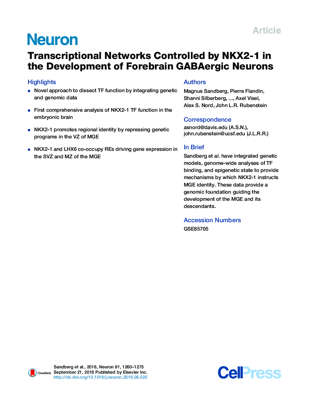 Transcriptional Networks Controlled by NKX2-1 in the Development of Forebrain GABAergic Neurons