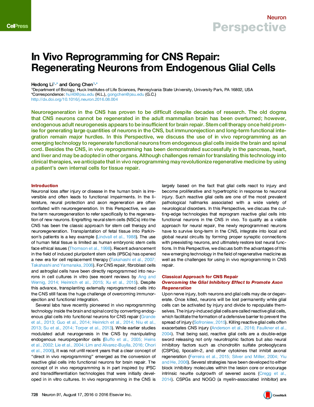 In Vivo Reprogramming for CNS Repair: Regenerating Neurons from Endogenous Glial Cells