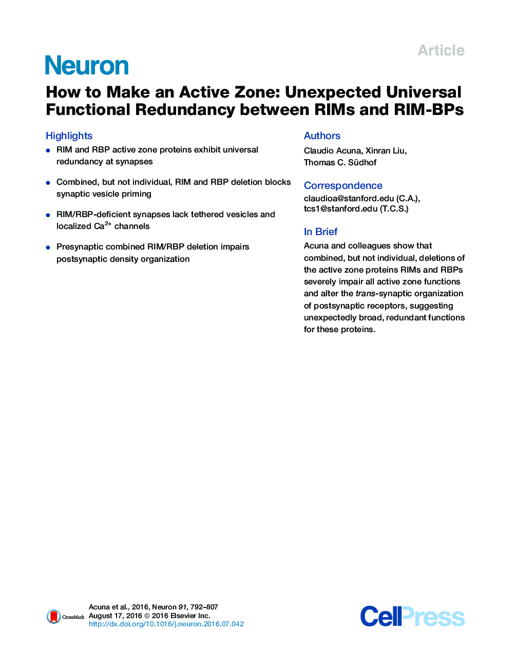 How to Make an Active Zone: Unexpected Universal Functional Redundancy between RIMs and RIM-BPs