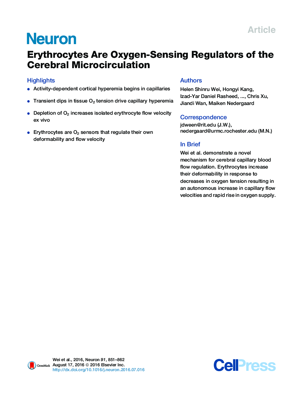Erythrocytes Are Oxygen-Sensing Regulators of the Cerebral Microcirculation