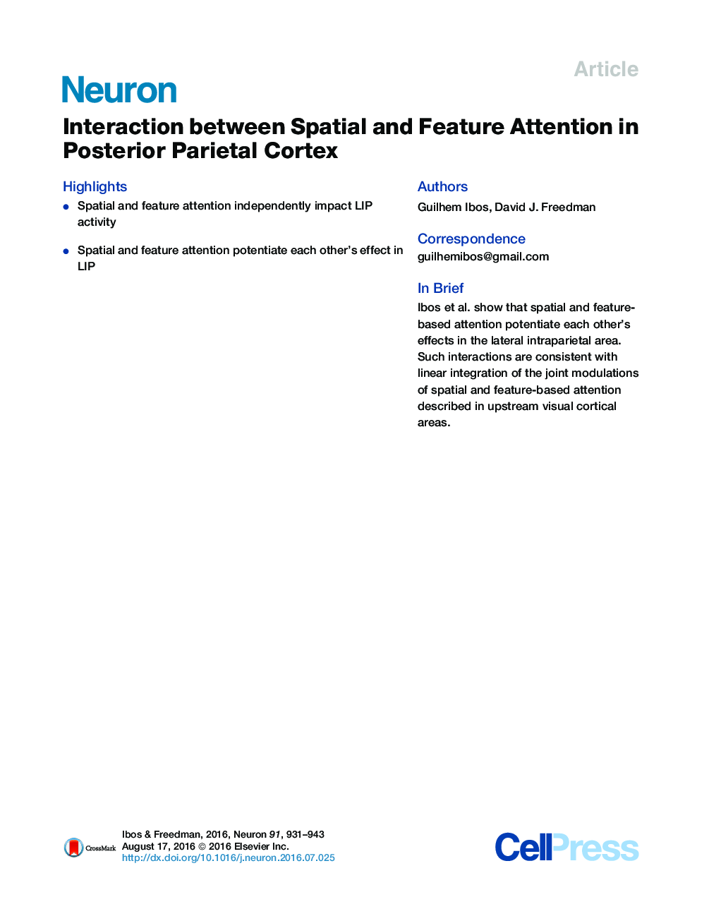 Interaction between Spatial and Feature Attention in Posterior Parietal Cortex