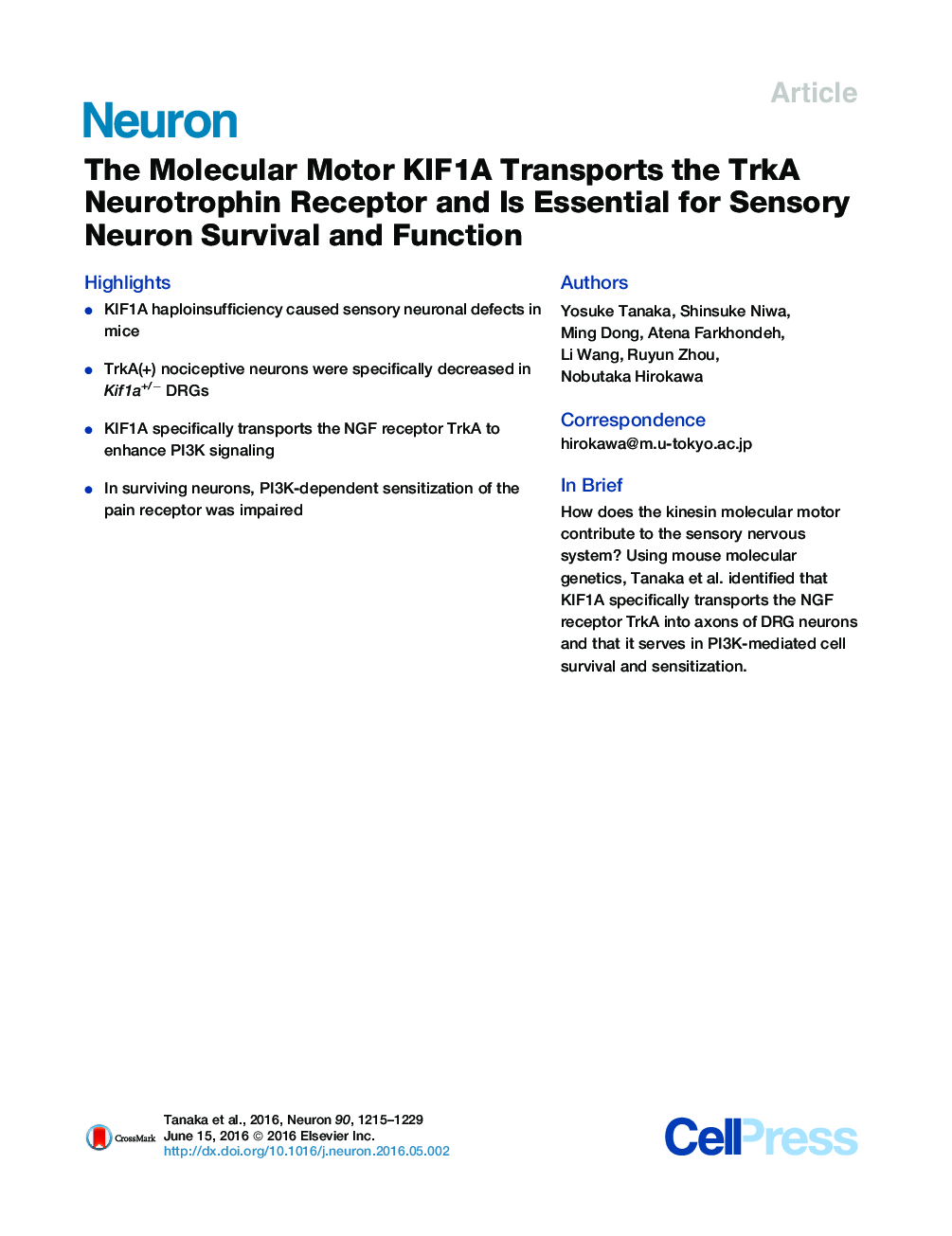 The Molecular Motor KIF1A Transports the TrkA Neurotrophin Receptor and Is Essential for Sensory Neuron Survival and Function