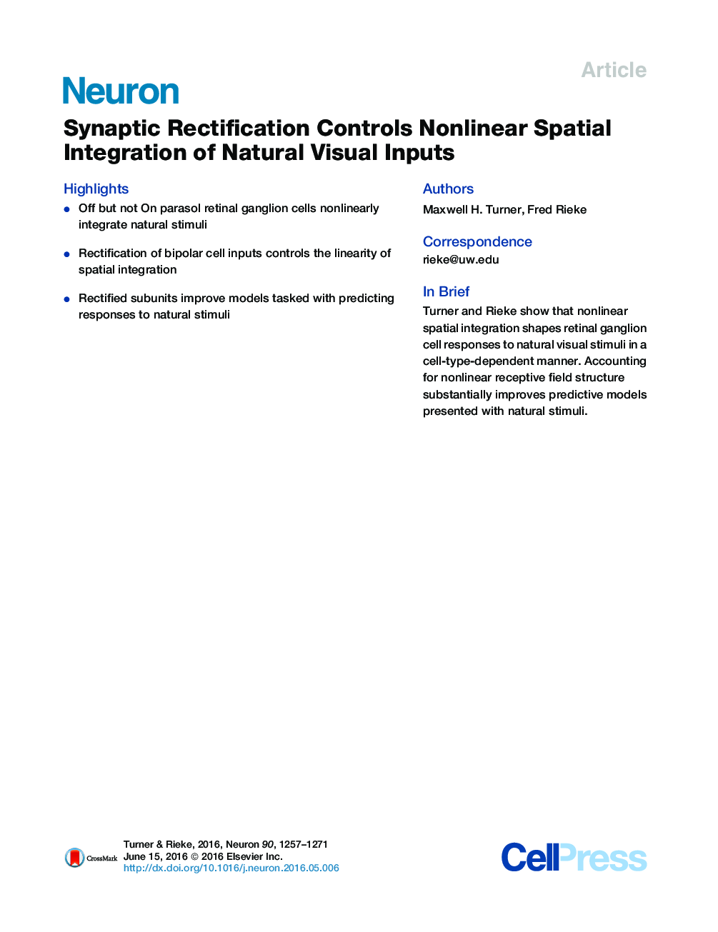 Synaptic Rectification Controls Nonlinear Spatial Integration of Natural Visual Inputs