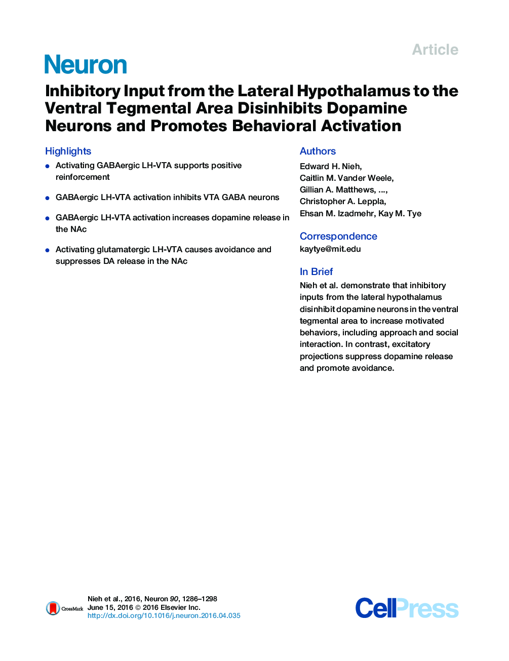 Inhibitory Input from the Lateral Hypothalamus to the Ventral Tegmental Area Disinhibits Dopamine Neurons and Promotes Behavioral Activation