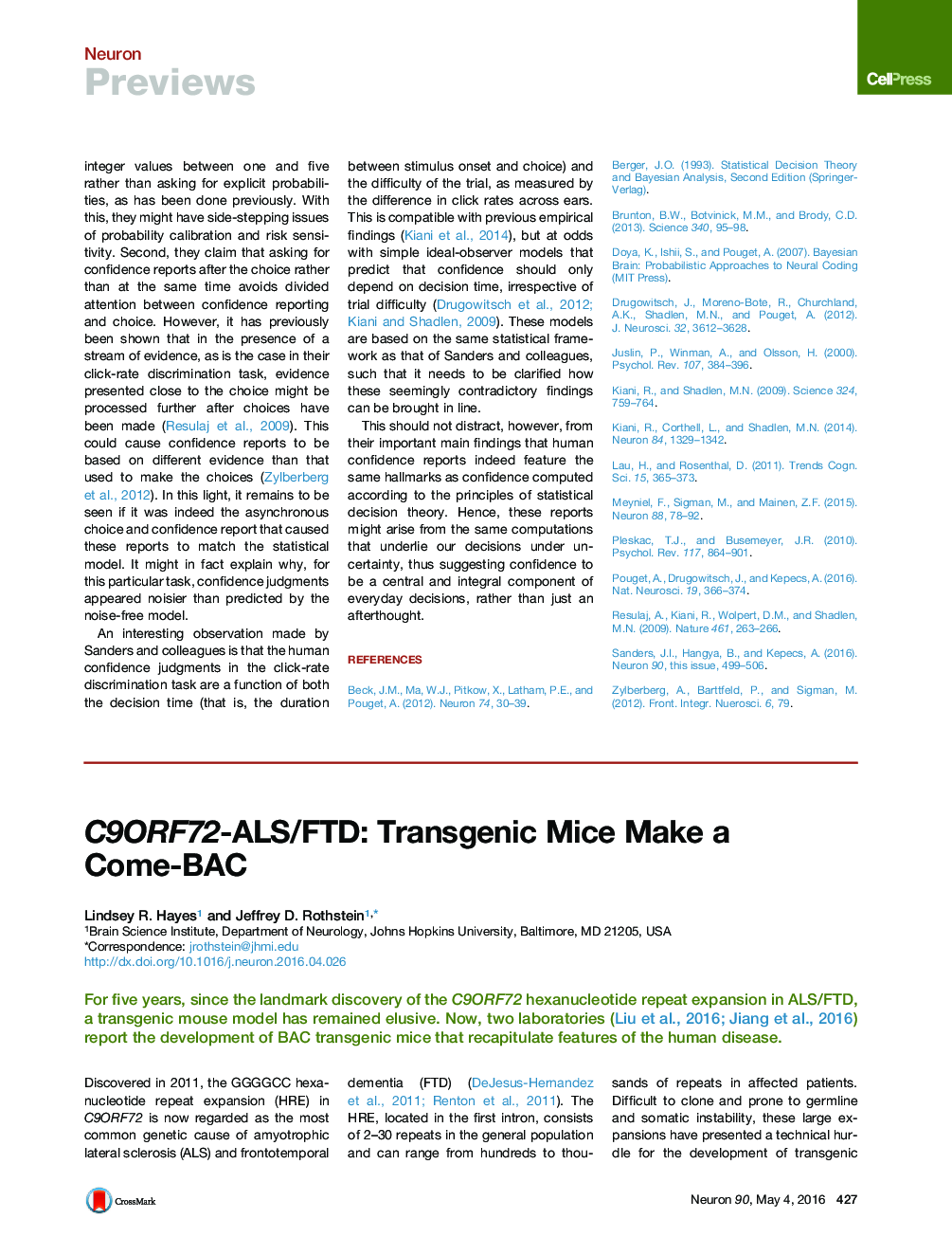 C9ORF72-ALS/FTD: Transgenic Mice Make a Come-BAC