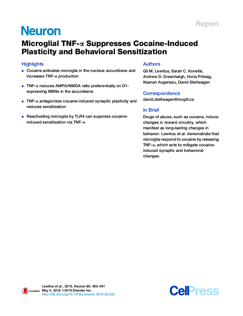 Microglial TNF-α Suppresses Cocaine-Induced Plasticity and Behavioral Sensitization