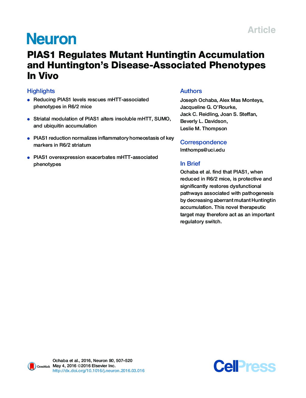 PIAS1 Regulates Mutant Huntingtin Accumulation and Huntington’s Disease-Associated Phenotypes In Vivo