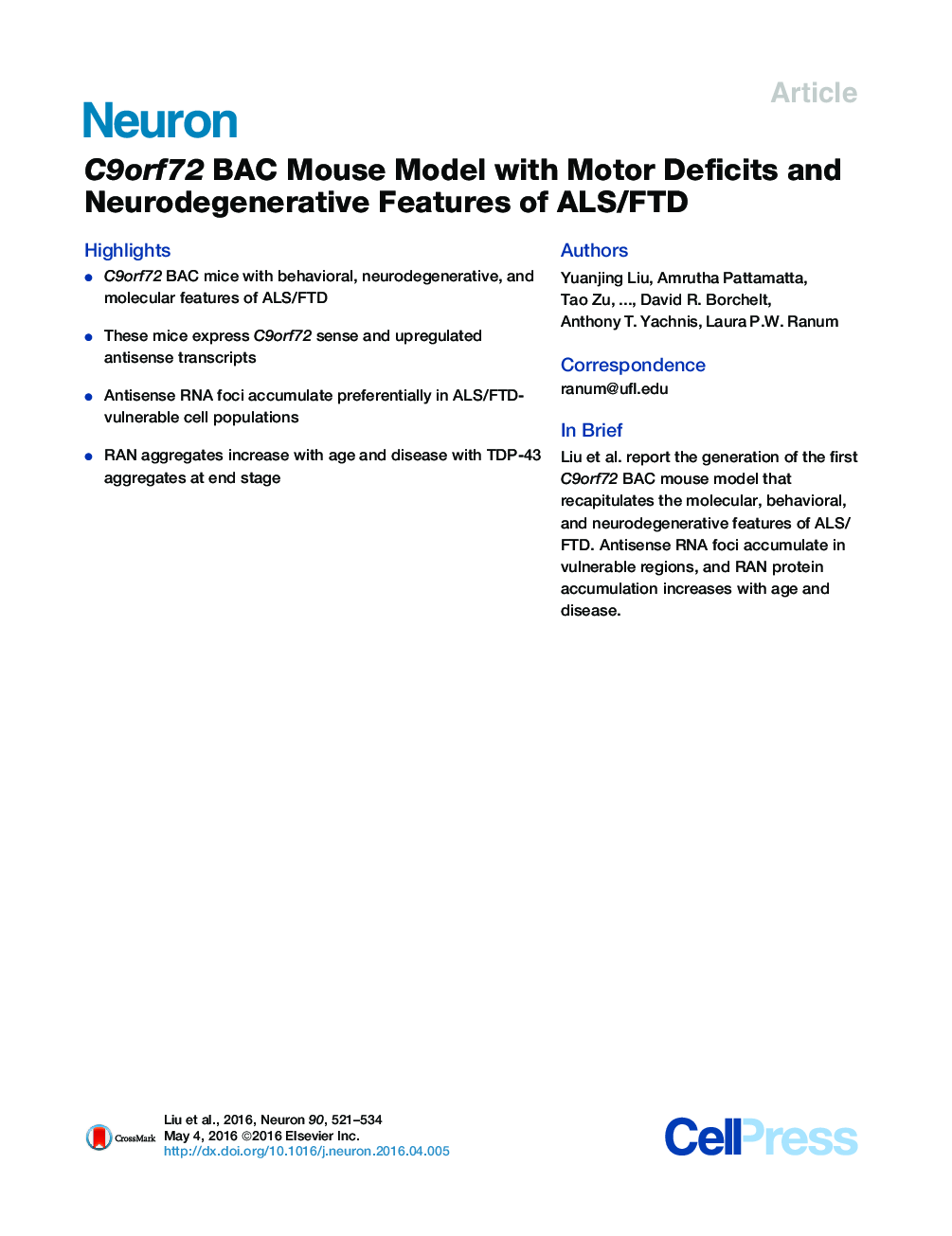 C9orf72 BAC Mouse Model with Motor Deficits and Neurodegenerative Features of ALS/FTD