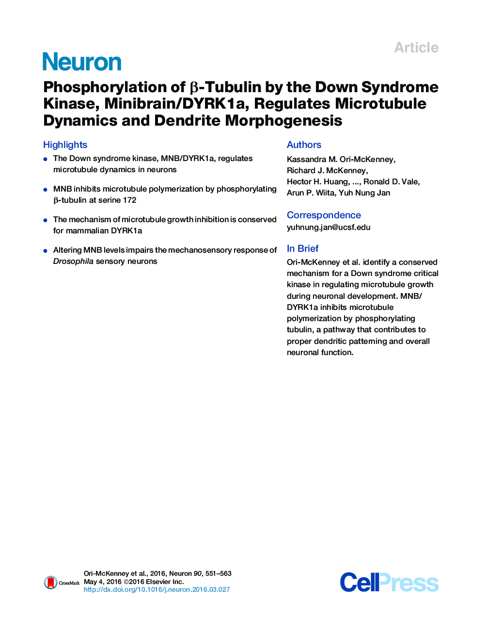 Phosphorylation of β-Tubulin by the Down Syndrome Kinase, Minibrain/DYRK1a, Regulates Microtubule Dynamics and Dendrite Morphogenesis