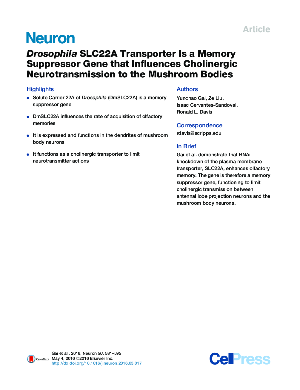 Drosophila SLC22A Transporter Is a Memory Suppressor Gene that Influences Cholinergic Neurotransmission to the Mushroom Bodies