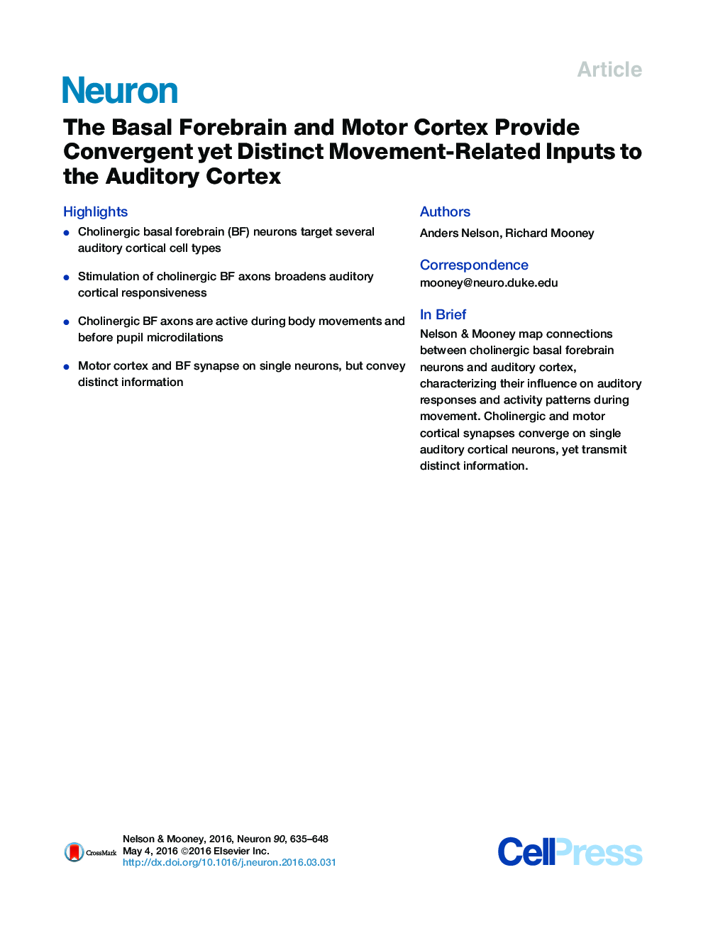 The Basal Forebrain and Motor Cortex Provide Convergent yet Distinct Movement-Related Inputs to the Auditory Cortex