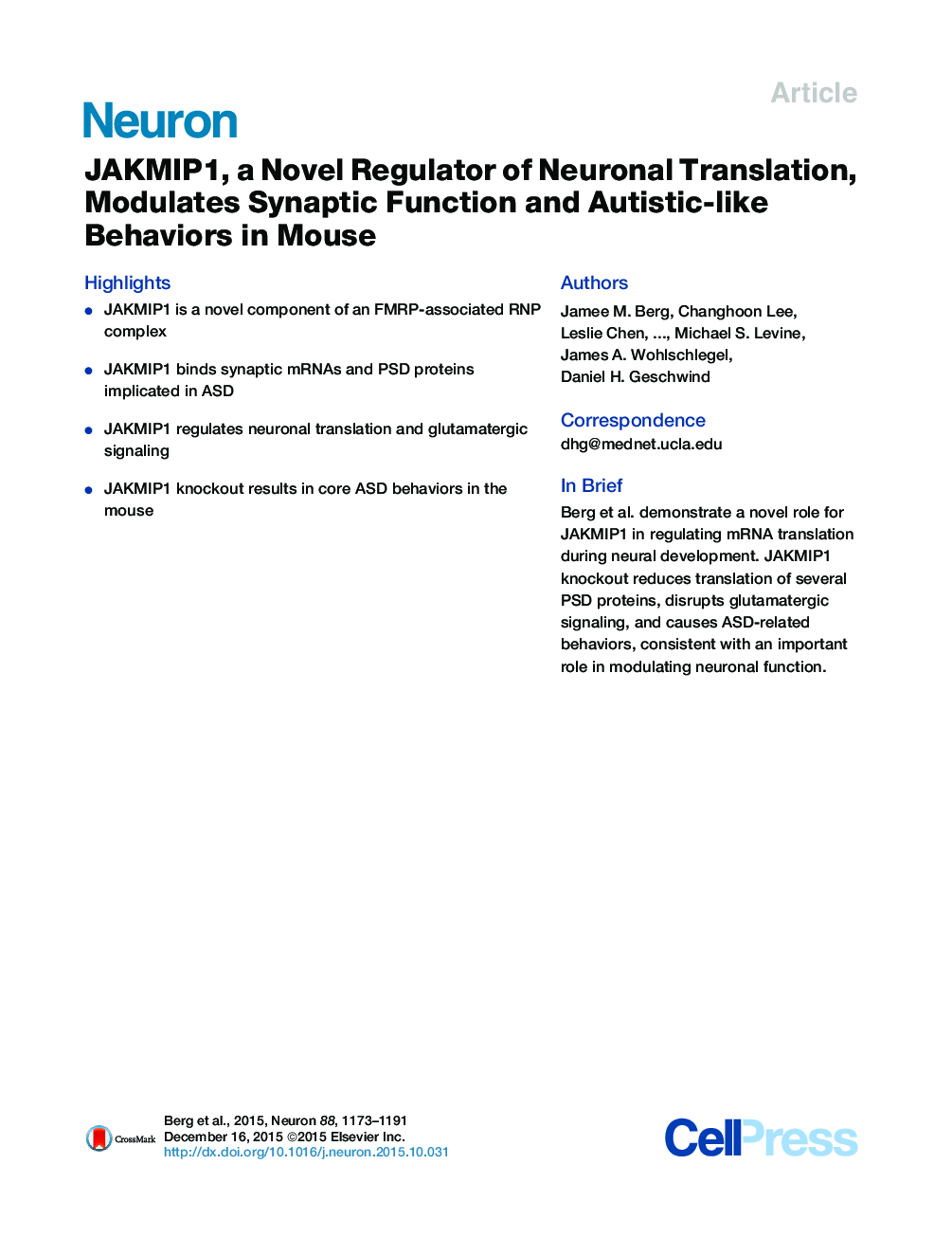 JAKMIP1, a Novel Regulator of Neuronal Translation, Modulates Synaptic Function and Autistic-like Behaviors in Mouse