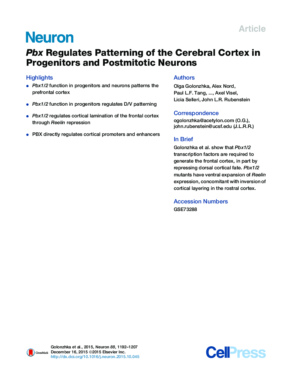 Pbx Regulates Patterning of the Cerebral Cortex in Progenitors and Postmitotic Neurons