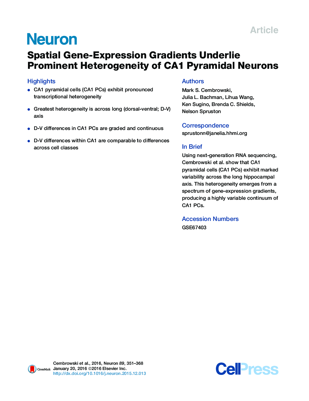 Spatial Gene-Expression Gradients Underlie Prominent Heterogeneity of CA1 Pyramidal Neurons