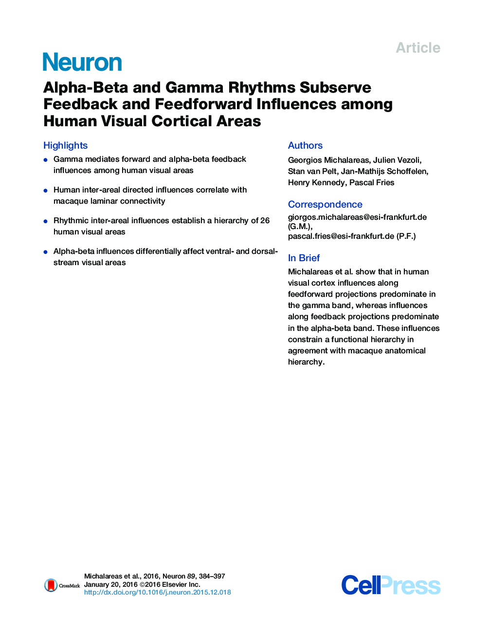 Alpha-Beta and Gamma Rhythms Subserve Feedback and Feedforward Influences among Human Visual Cortical Areas
