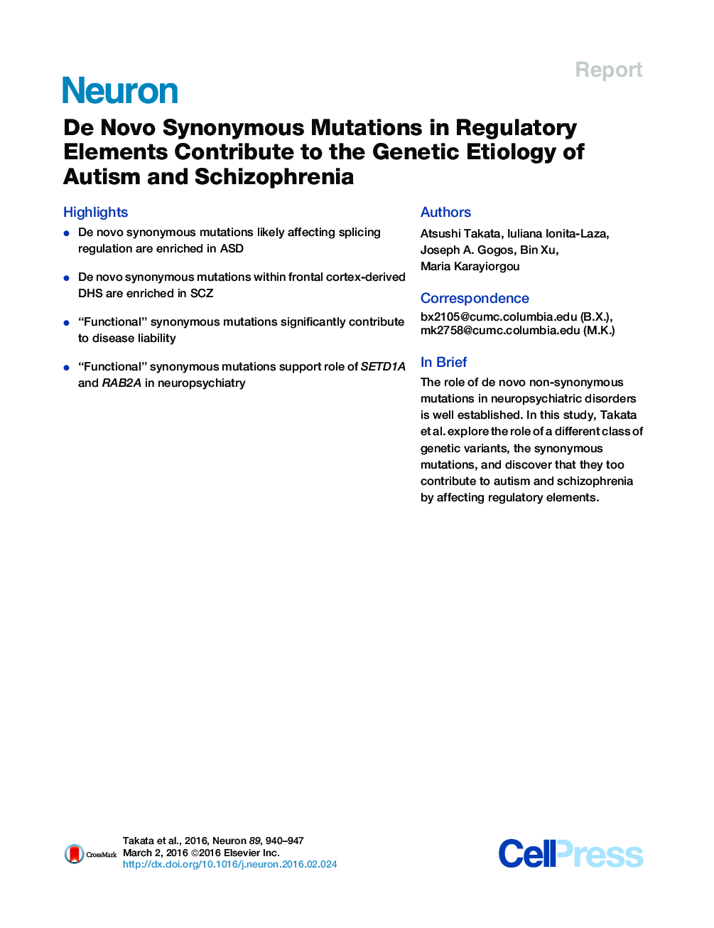 De Novo Synonymous Mutations in Regulatory Elements Contribute to the Genetic Etiology of Autism and Schizophrenia