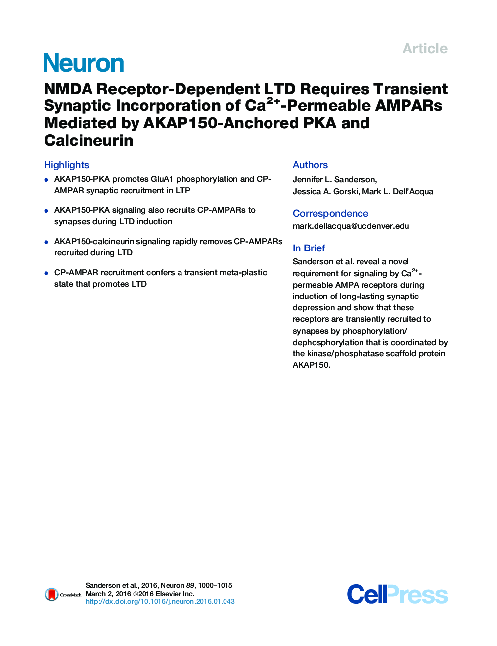 NMDA Receptor-Dependent LTD Requires Transient Synaptic Incorporation of Ca2+-Permeable AMPARs Mediated by AKAP150-Anchored PKA and Calcineurin