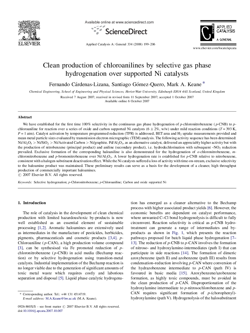 Clean production of chloroanilines by selective gas phase hydrogenation over supported Ni catalysts