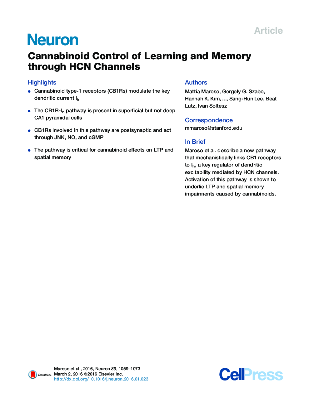 Cannabinoid Control of Learning and Memory through HCN Channels