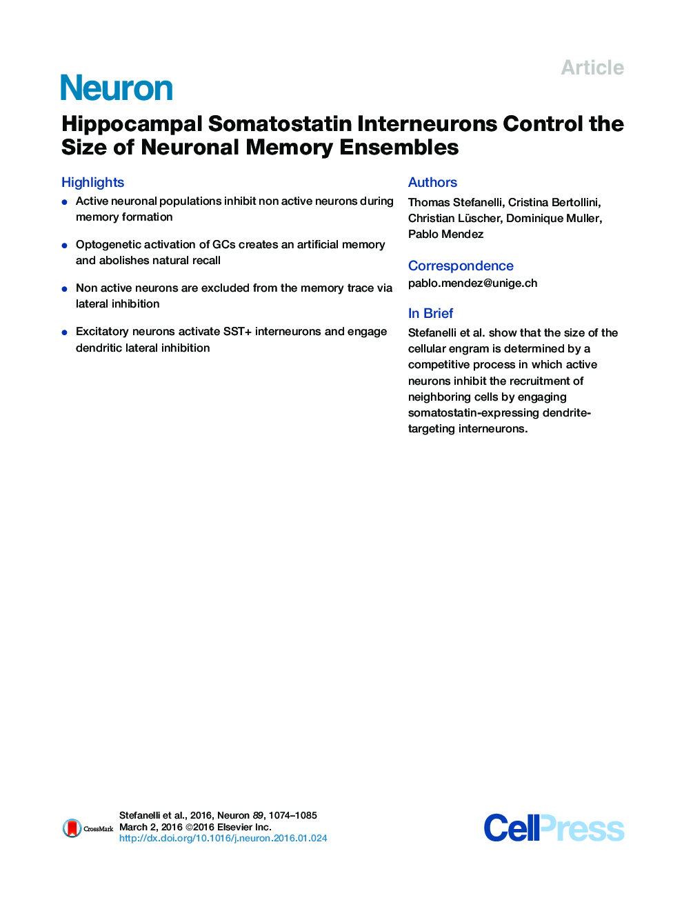 Hippocampal Somatostatin Interneurons Control the Size of Neuronal Memory Ensembles