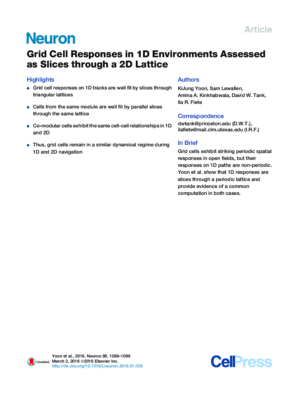 Grid Cell Responses in 1D Environments Assessed as Slices through a 2D Lattice