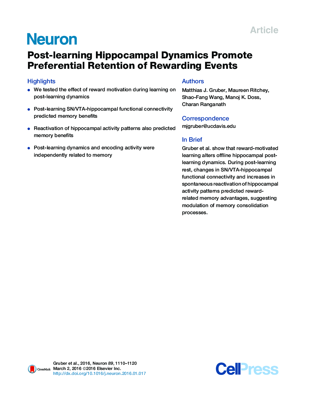 Post-learning Hippocampal Dynamics Promote Preferential Retention of Rewarding Events