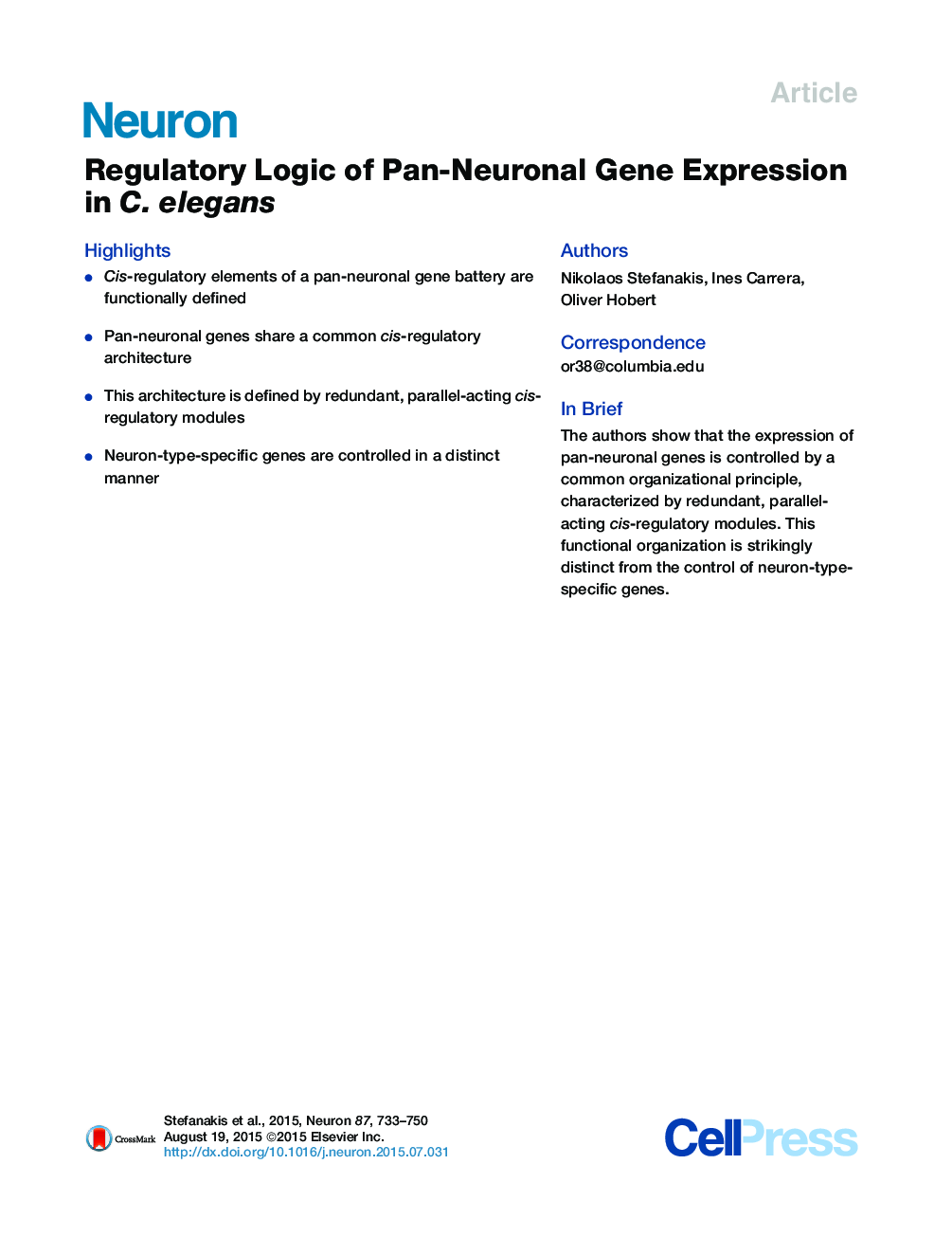 Regulatory Logic of Pan-Neuronal Gene Expression in C. elegans