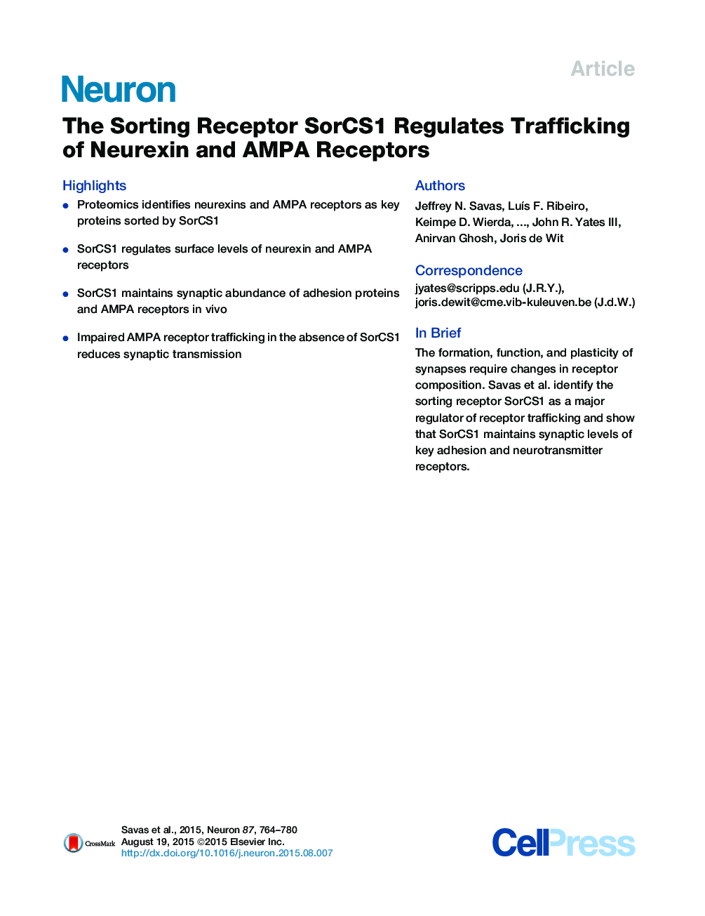 The Sorting Receptor SorCS1 Regulates Trafficking of Neurexin and AMPA Receptors