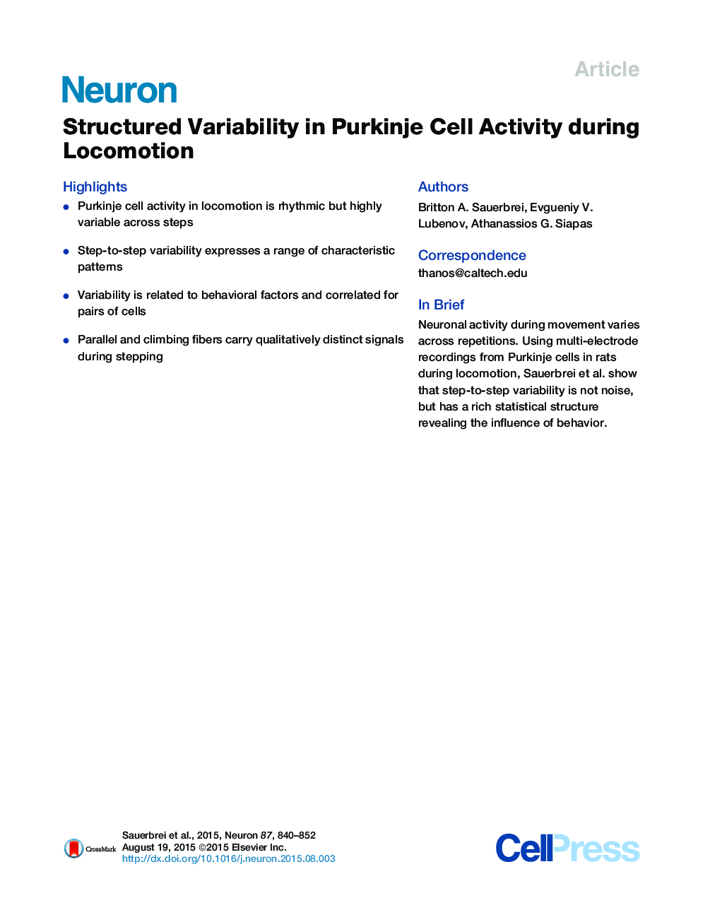 Structured Variability in Purkinje Cell Activity during Locomotion