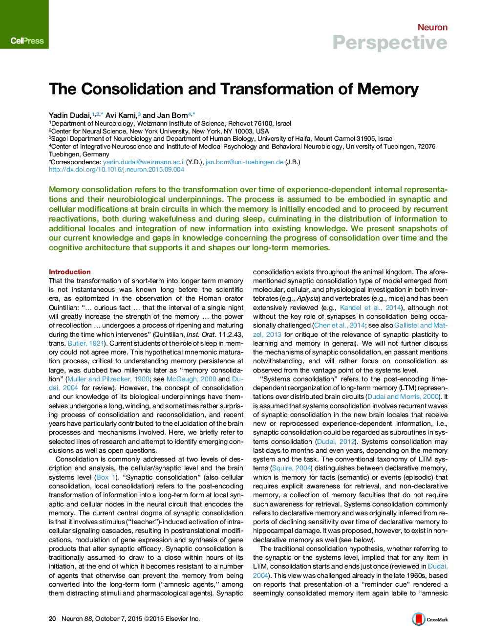 The Consolidation and Transformation of Memory