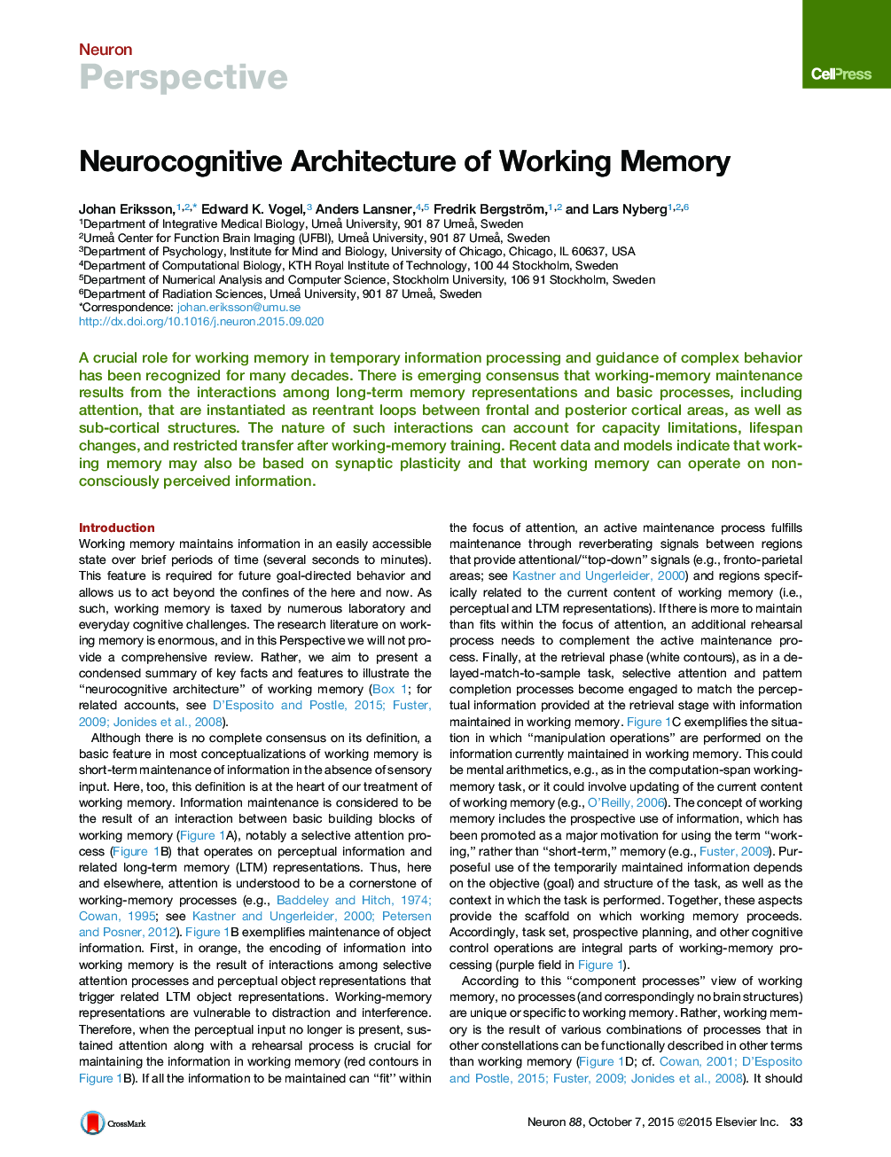 Neurocognitive Architecture of Working Memory