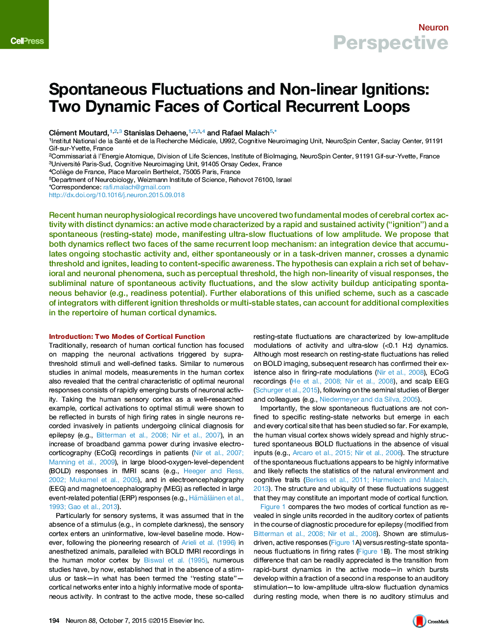 Spontaneous Fluctuations and Non-linear Ignitions: Two Dynamic Faces of Cortical Recurrent Loops