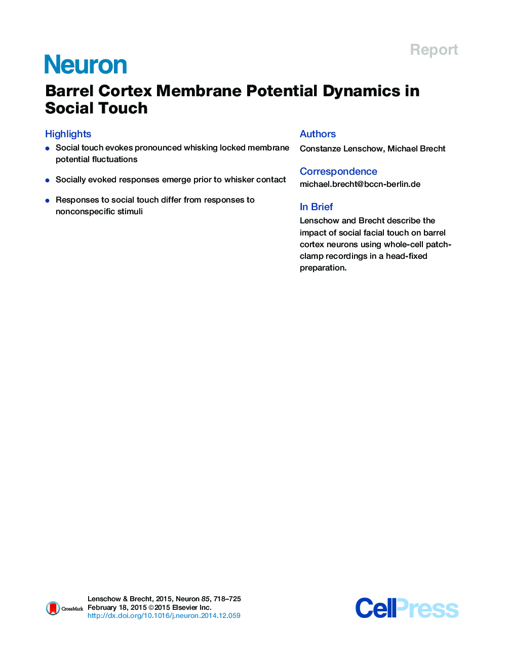 Barrel Cortex Membrane Potential Dynamics in Social Touch