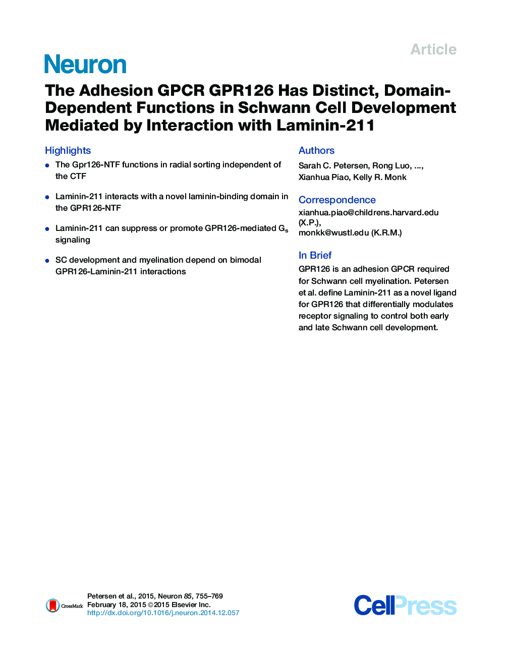 The Adhesion GPCR GPR126 Has Distinct, Domain-Dependent Functions in Schwann Cell Development Mediated by Interaction with Laminin-211