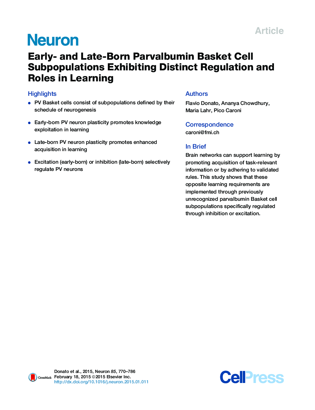 Early- and Late-Born Parvalbumin Basket Cell Subpopulations Exhibiting Distinct Regulation and Roles in Learning